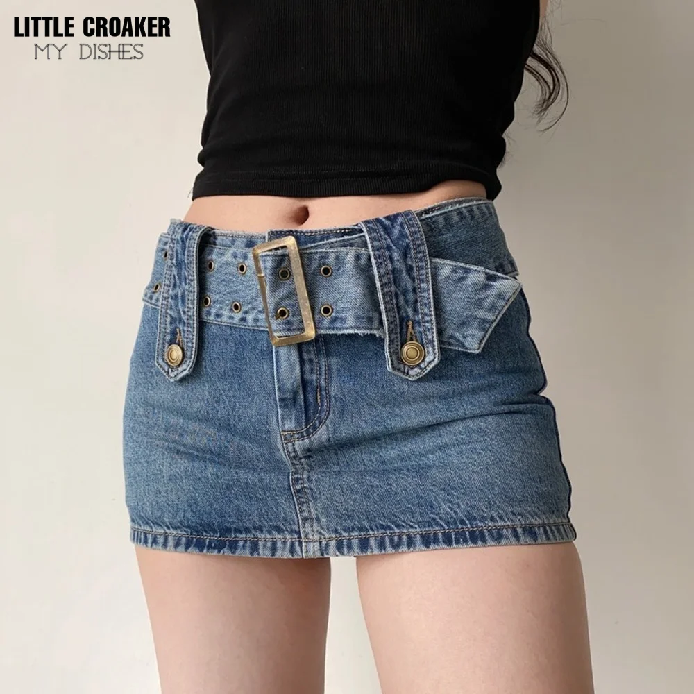 

Wide Belt Denim Mini Skirt for Women Korean Hot Sexy Women Short Skirts Pocket High Waist Boho Safari Style Tight Skirt