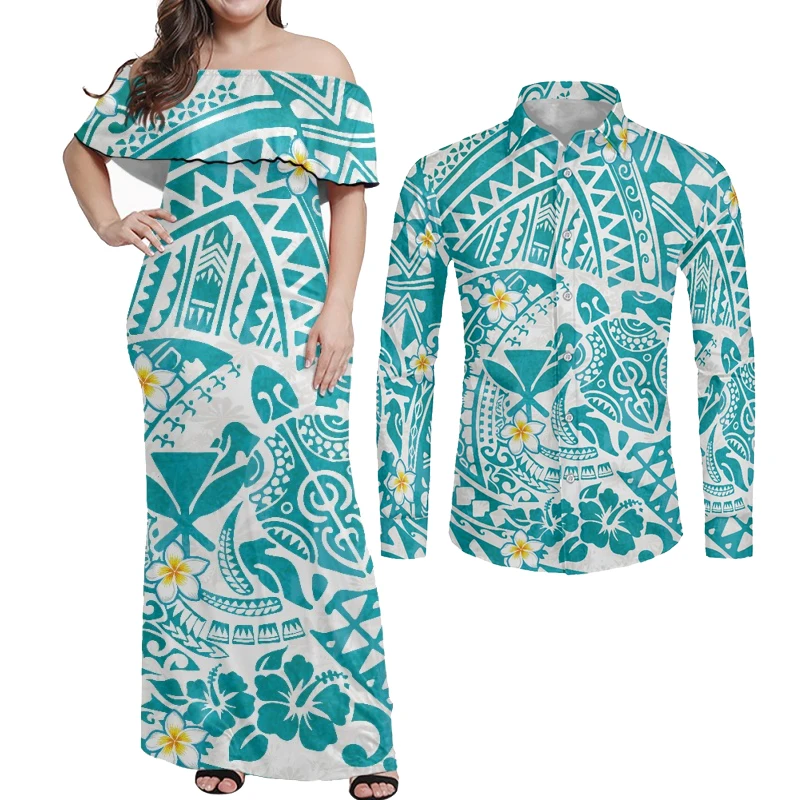 

HYCOOL Hawaiian Tribal Couple Clothes Set Womens Off The Shoulder Long Bodycon Prom Summer Polynesian Hibiscus Print Dress Teal