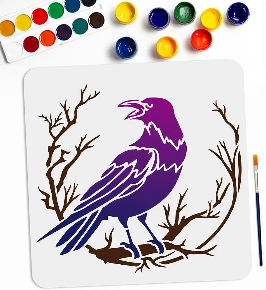 

Трафареты для гадания ветки ворона 11,8 × 11,8 дюйма, большие трафареты ворона на ветке с кистью для рисования, примитивный шаблон для рисования птиц