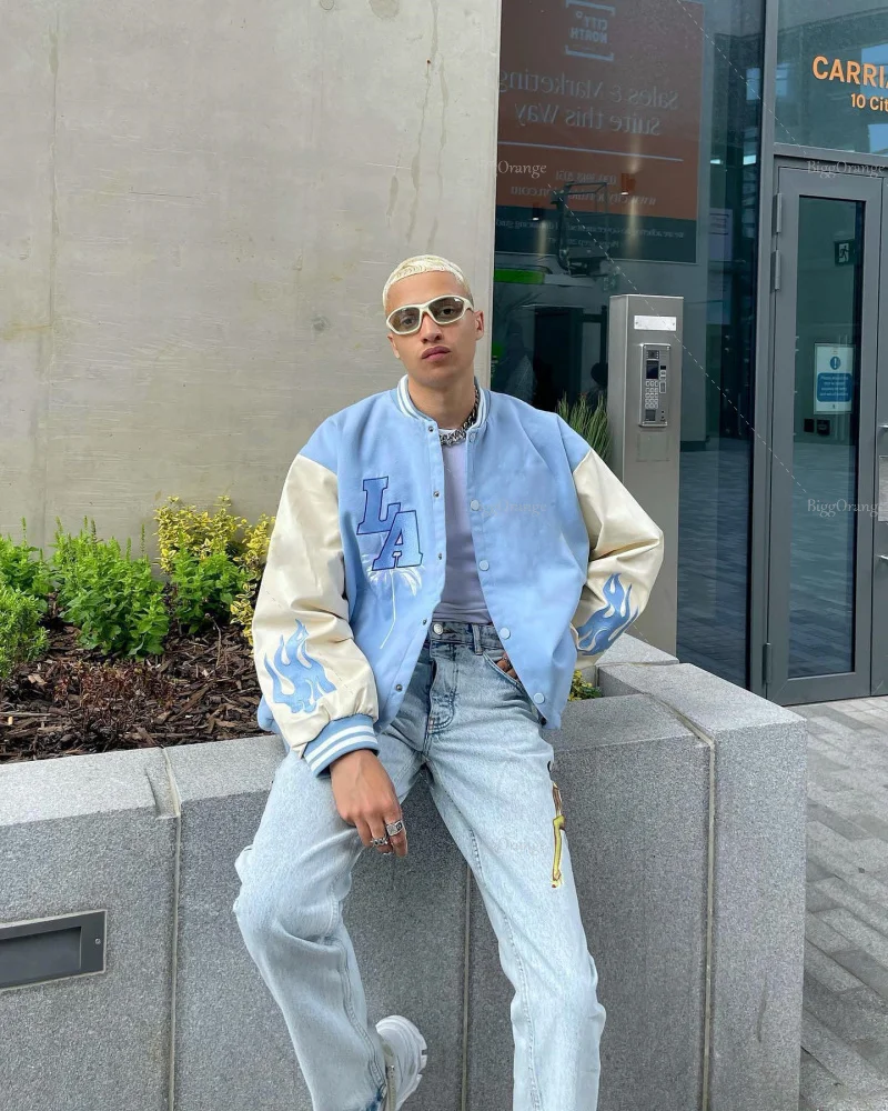 

Синяя мужская куртка y2k, верхняя одежда для пар, школьный стиль, Мужской Топ для подростков, винтажный кардиган для пар, бейсбольная форма