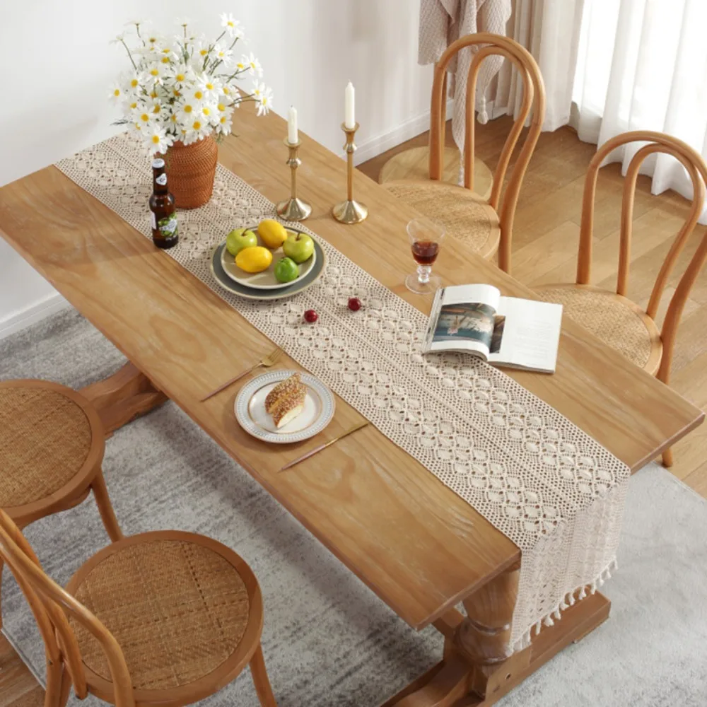 Легкая в чистке хлопковая кружевная скатерть бежевая белая 30*180 см сетчатая