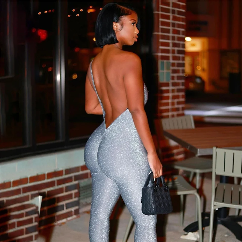 Женский однотонный Блестящий Асимметричный комбинезон потрясающий с открытой
