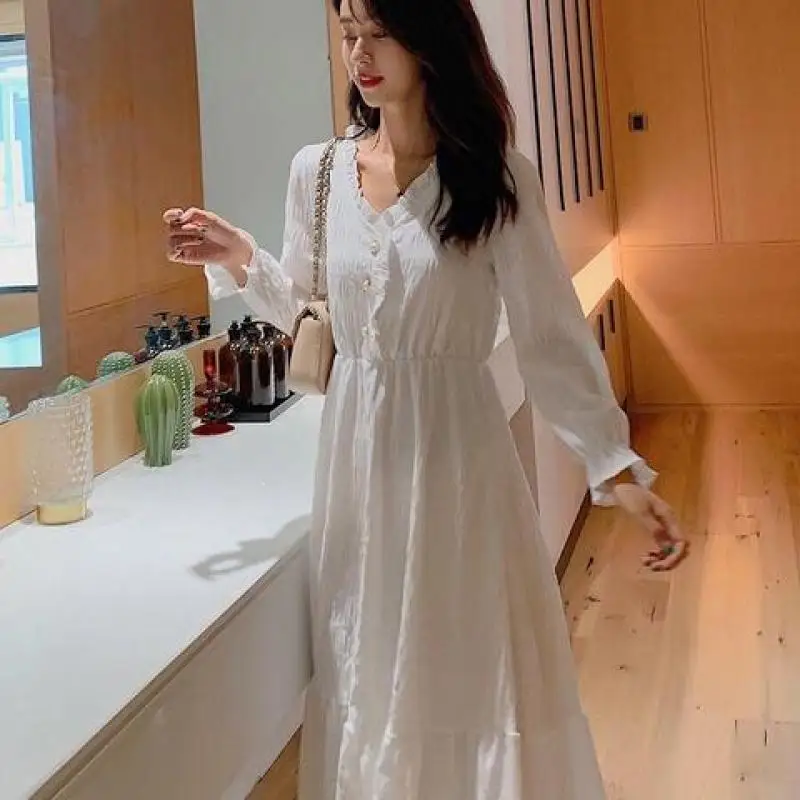 

Women Dress Long Sleeve Autumn and Winter Solid Color Waist A-line Slim Midi Dresses