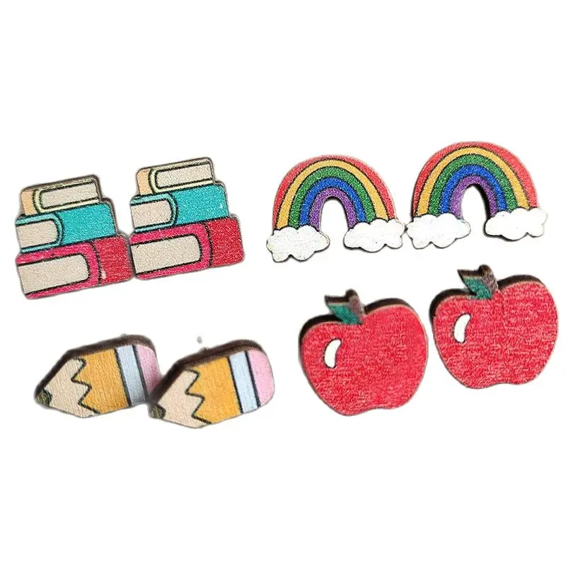 

Teacher's Apple Pencil Stud Earrings School Supplies Book Rainbow Wood Ear Studs Hot Sale Students Starts Graduation Gift