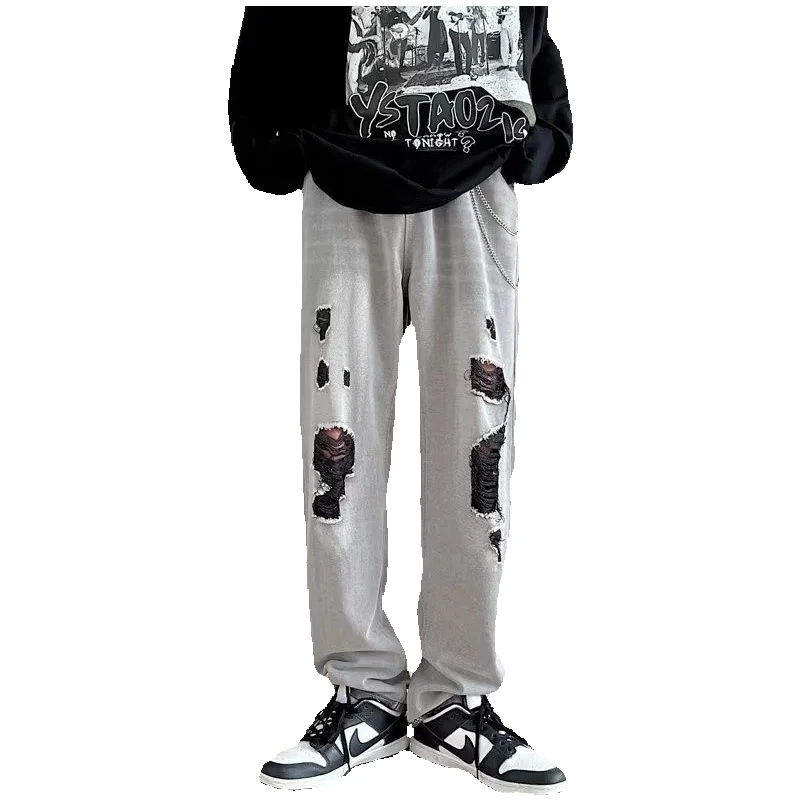 Summer Ripped Baggy Jeans Men Fashion Casual Straight Jeans Men Streetwear Hip Hop Loose Hole Denim Pants Mens Trousers S-3XL