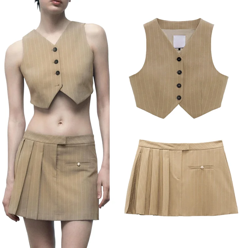 

2023 Women's 2-piece Summer Fashion Pinstripe Single Breasted Short Tank Top and Slimming A-line Wide Pleated Half Skirt Suit