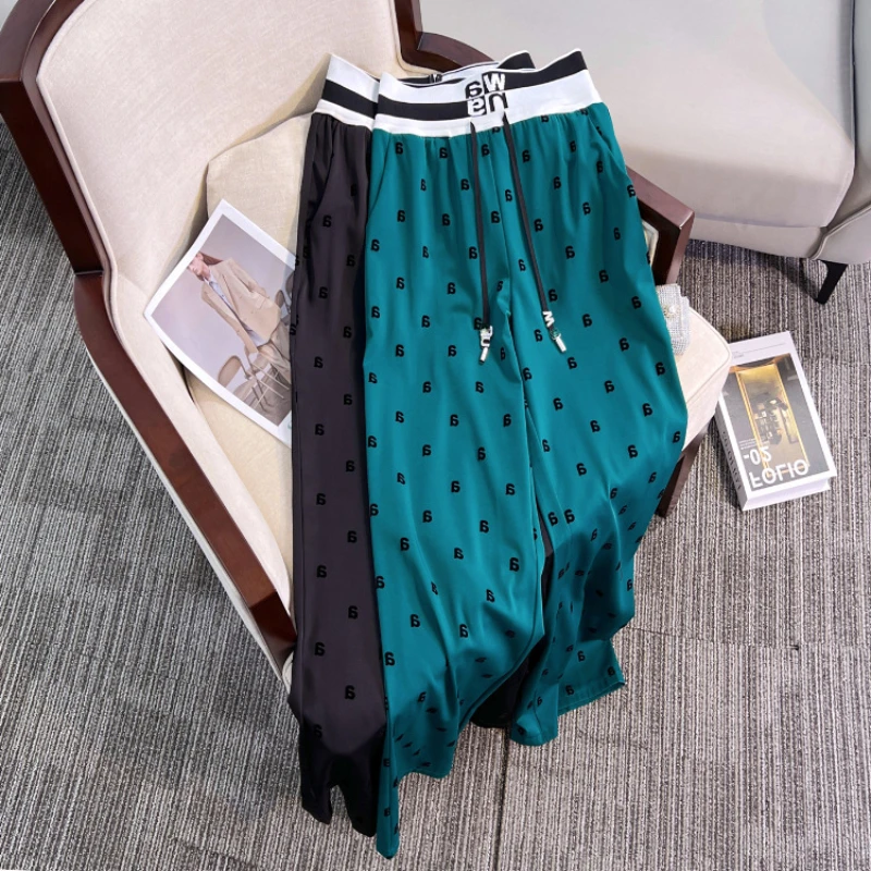 

Fashion Print Letters Wide Leg Pants Women Casual Loose Elastic High Waist Drawstring Straight Trousers Summer2023 New Long Pant