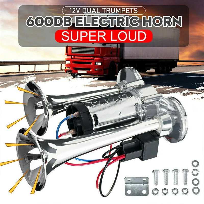 

600DB 12V Dual Trumpets Super Loud Car Electric Horn Truck Boat Train Speaker Car 12V Compressor Air Horn with Wires Relay