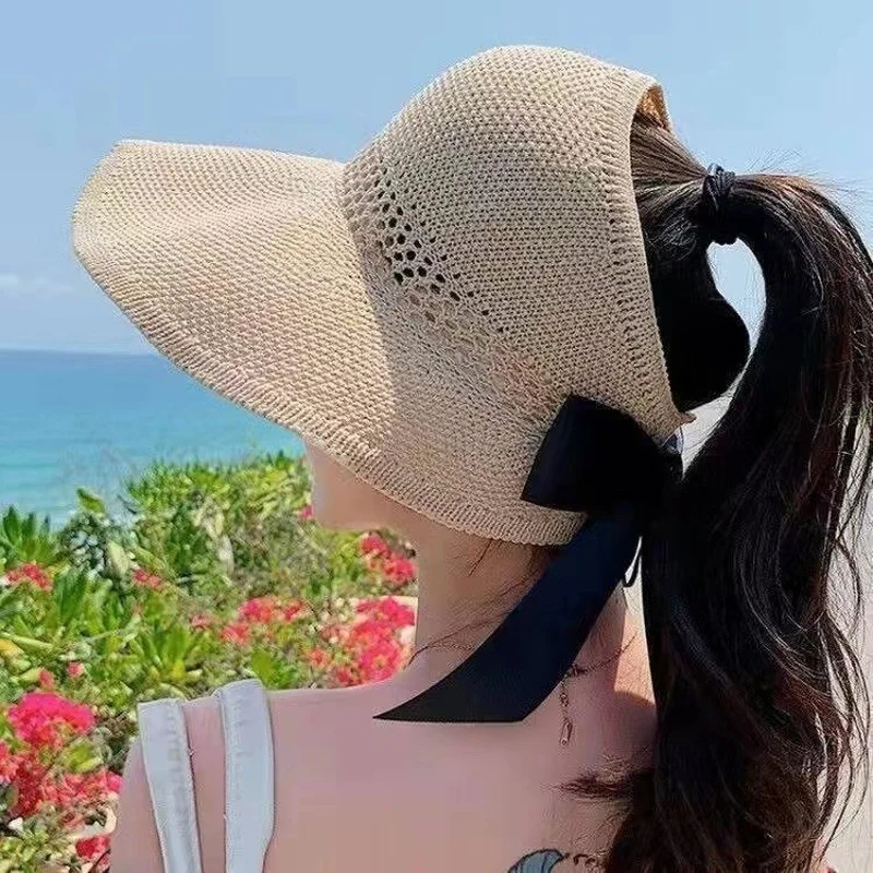 

Wide Brim Straw Summer Hats for Women Foldable Hollow Out Beach Sun Hat for Girls Girl Outdoor Casual Travel Bowknot Visor Caps