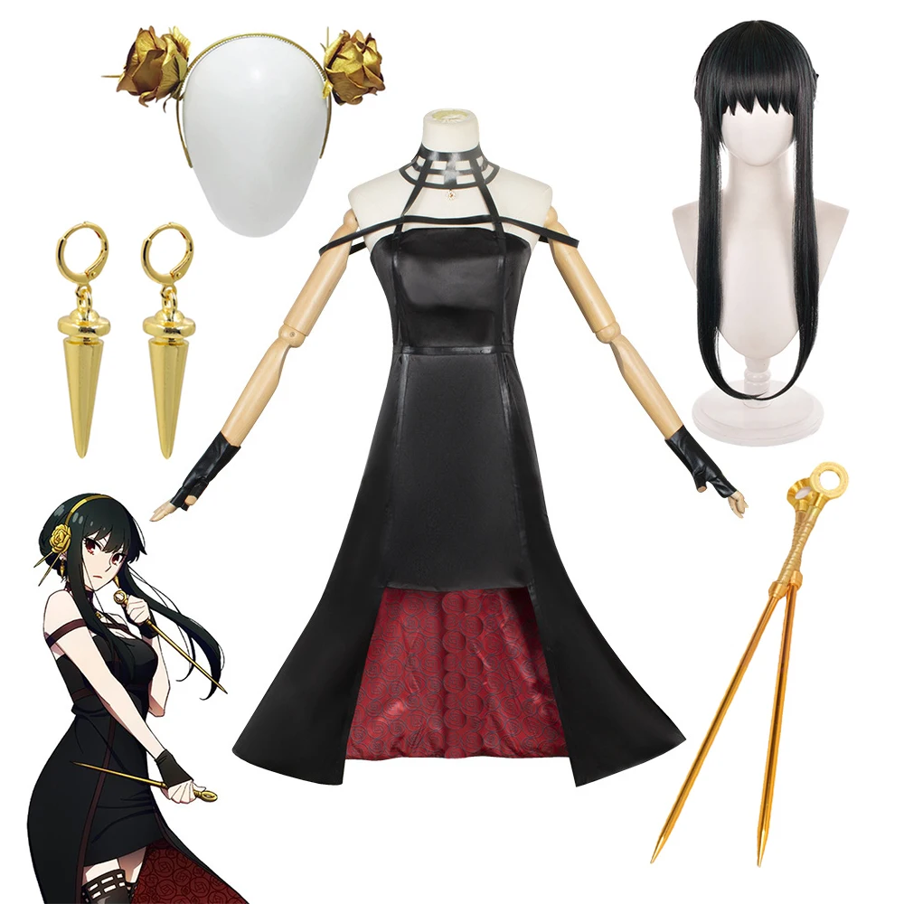 

Anime Spy Family Yor Forger Cosplay Costume Headwear Wig Earrings Weapons Dress Stockings Suit Cosplay Halloween Costumes Props