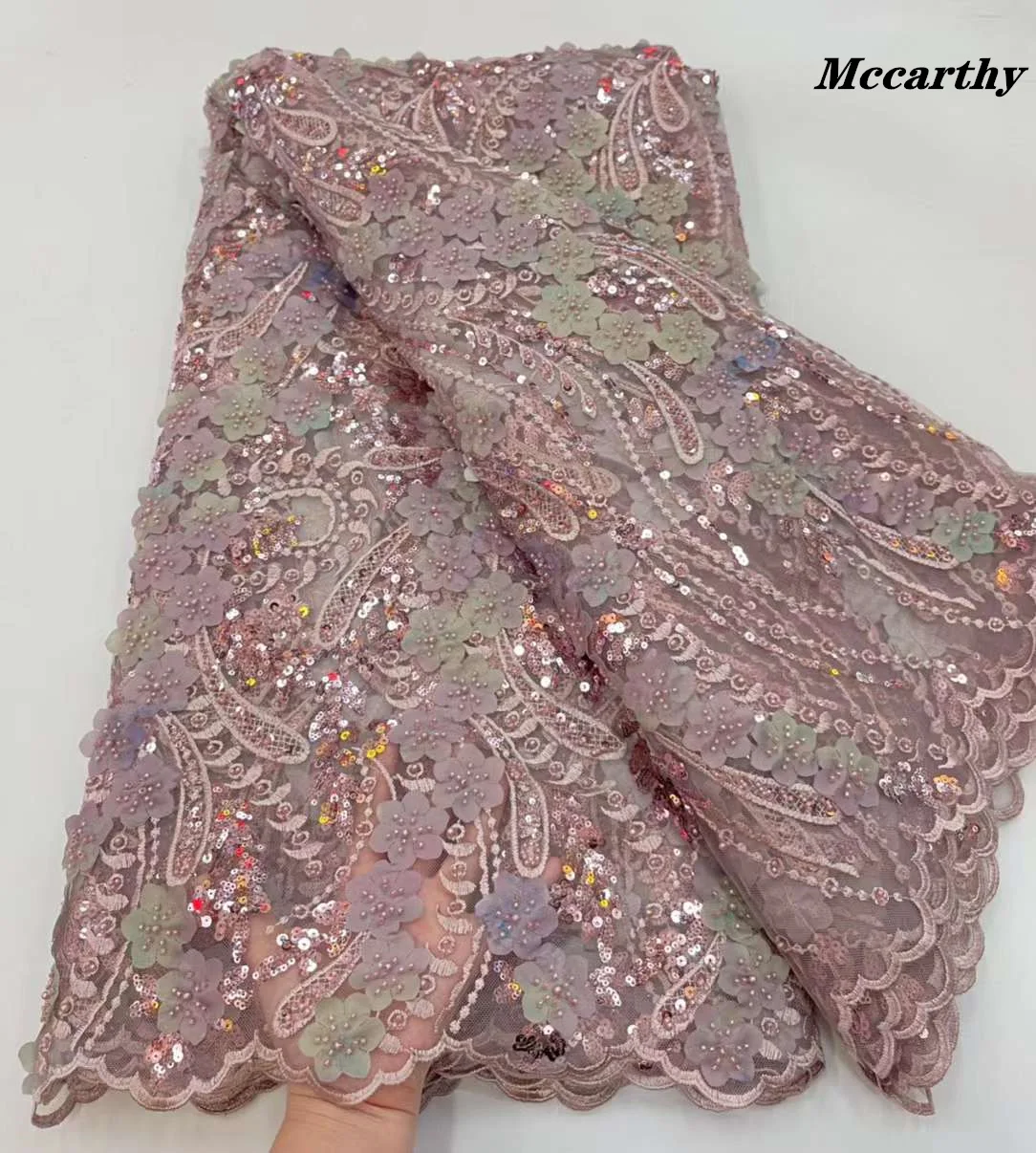 

Luxury Sequins African 3D Flower Lace Fabric Pink Nigerian Tulle Lace Fabrics Beads French Mesh Sequins Fabrics For Party Dress