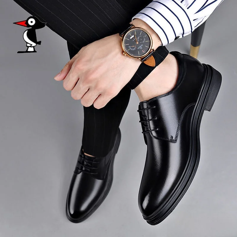 Plover Spring and Autumn New Leather Shoes Men's Lace-up Business Casual Thick Bottom Pointed Toe Guest look Be...