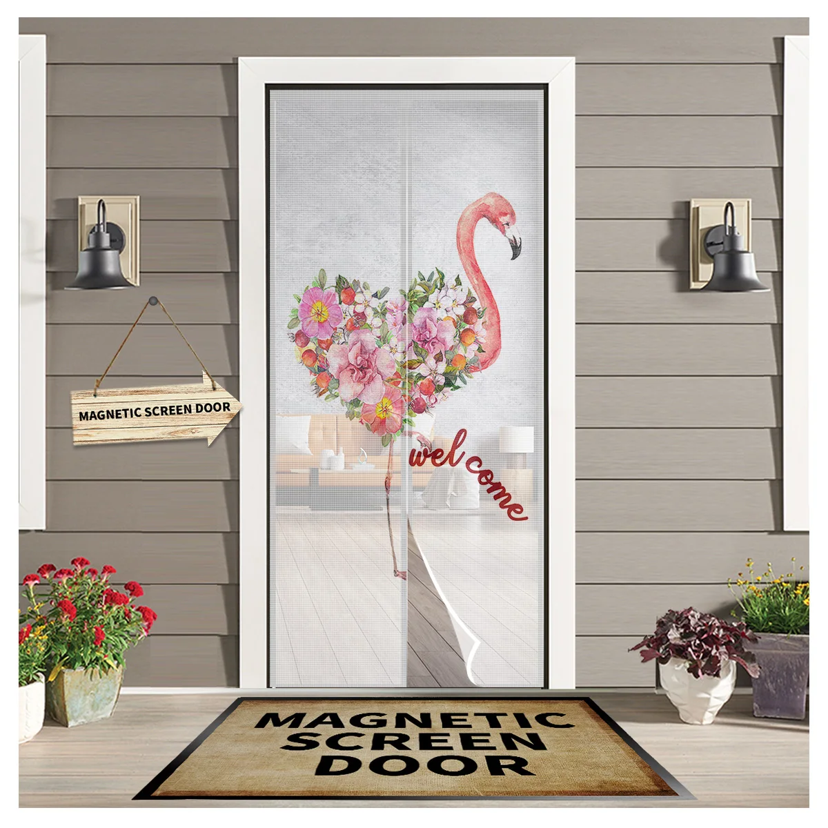 

Summer Tropical Plants Flower Flamingo Magnetic Screen Door Curtain Living Room Bedroom Kitchen Anti-mosquito Window Screen