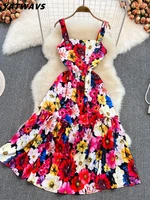 yatwavs 2022 summer bohemia flower print dresses for women runway pearl buckle off shoulder spaghetti strap holiday dress