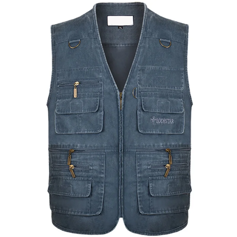 

Size Plus Outdoor Denim Waistcoat Men Cotton Vintage Multi-pocket Sleeveless Jackets Male Photograph Mens Vest Chaleco Hombre