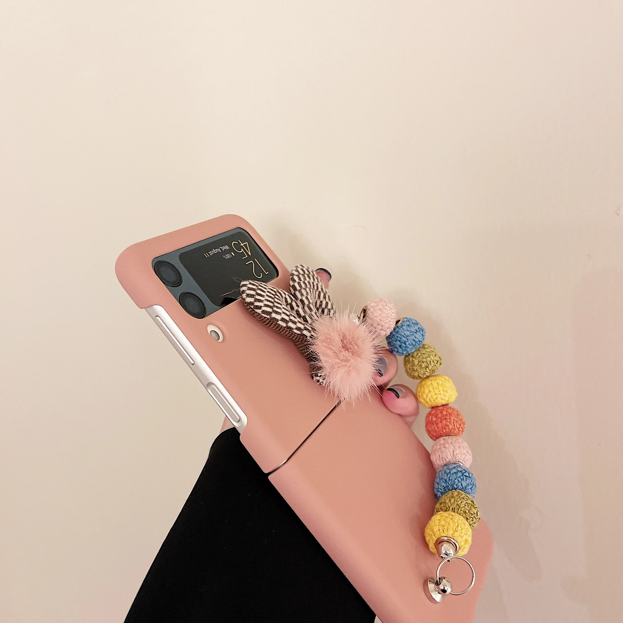 New Cute Rabbit Ears Phone Case for Samsung Galaxy Z Flip 3 5G Bead Bracelet Back Cover for Samsung Z Flip3 Shockproof Shell