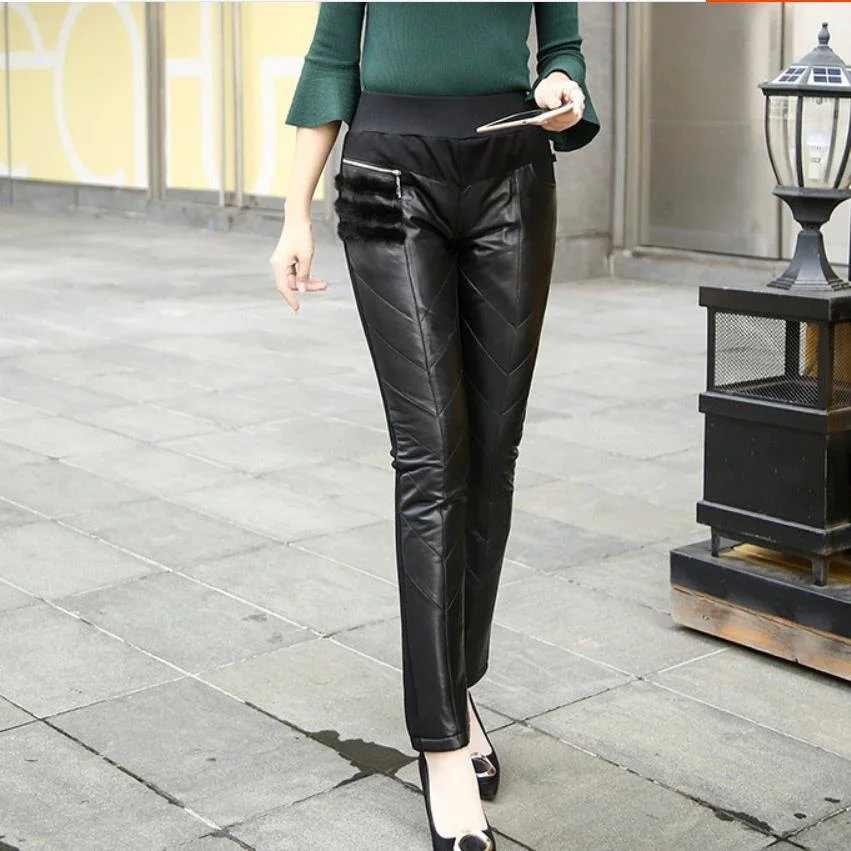 genuine Winter thick fashion women's leather pants high waist casual Sheep skin trousers female black Stretch pencil pants F517