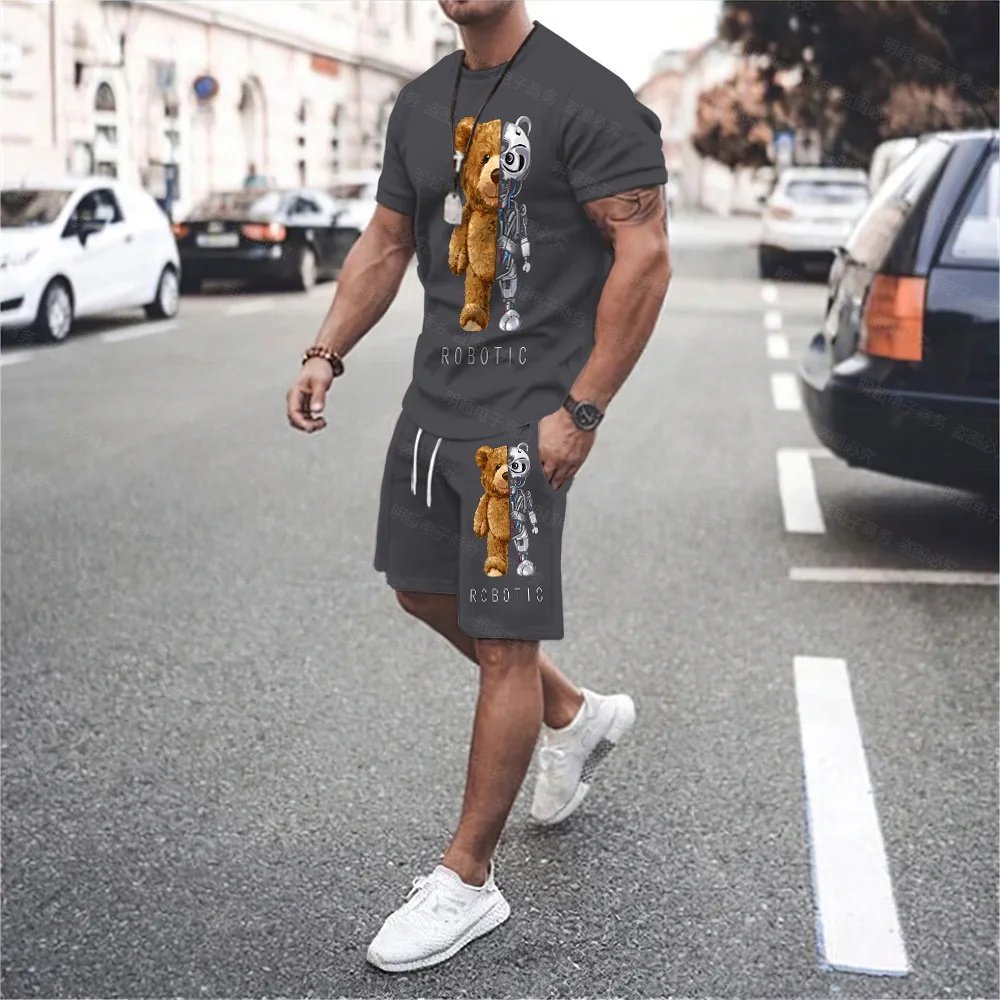 2023 Summer New Men's Round Neck Casual 3D Printed Bear T-shirt, Lace-up Shorts, Casual Sportswear Suit