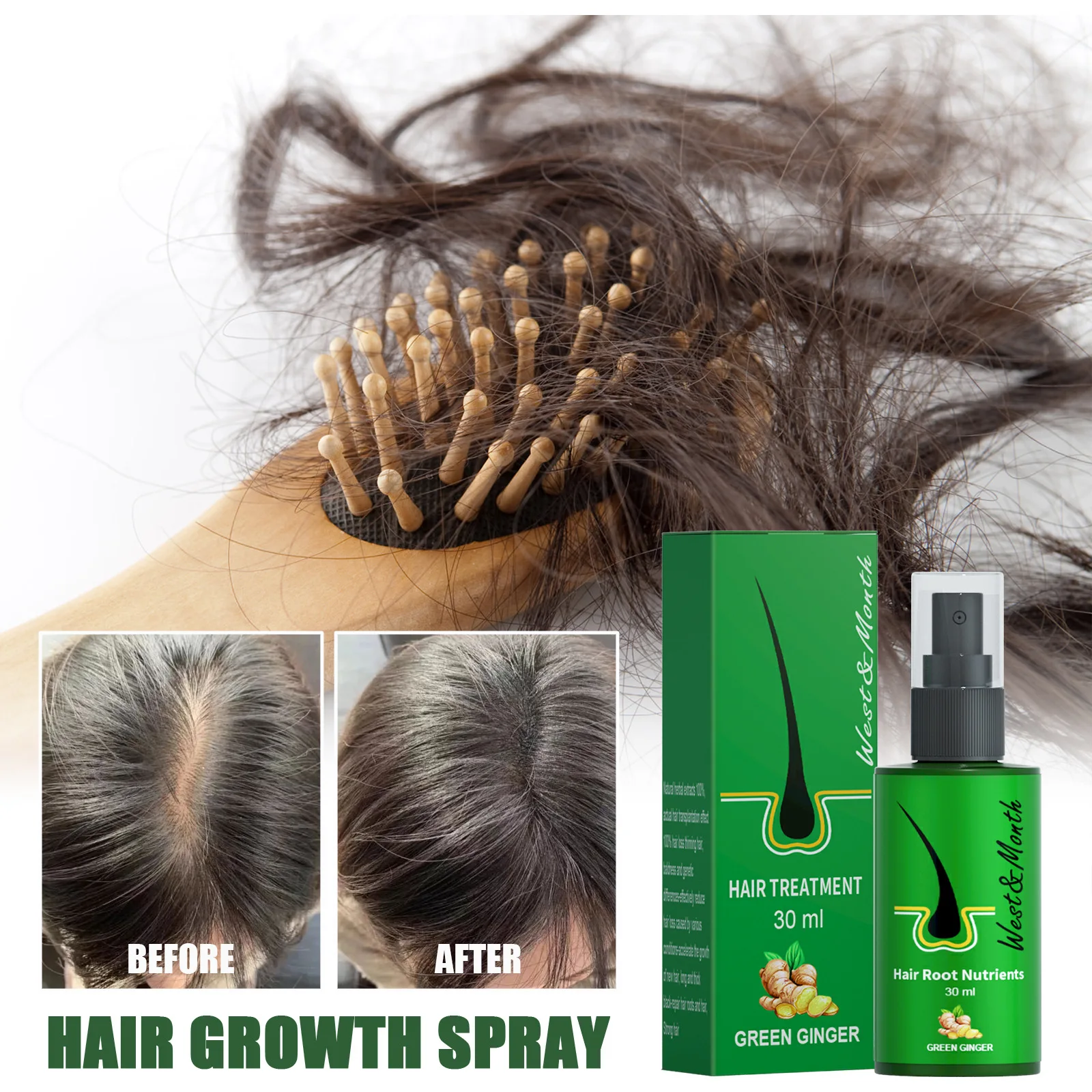 

Ginger Hair Growth Spray Essential Oils Hair Loss Treatment Fast Grow Prevent Hair Dry Frizzy Damaged Thinning Repair Care 30ml