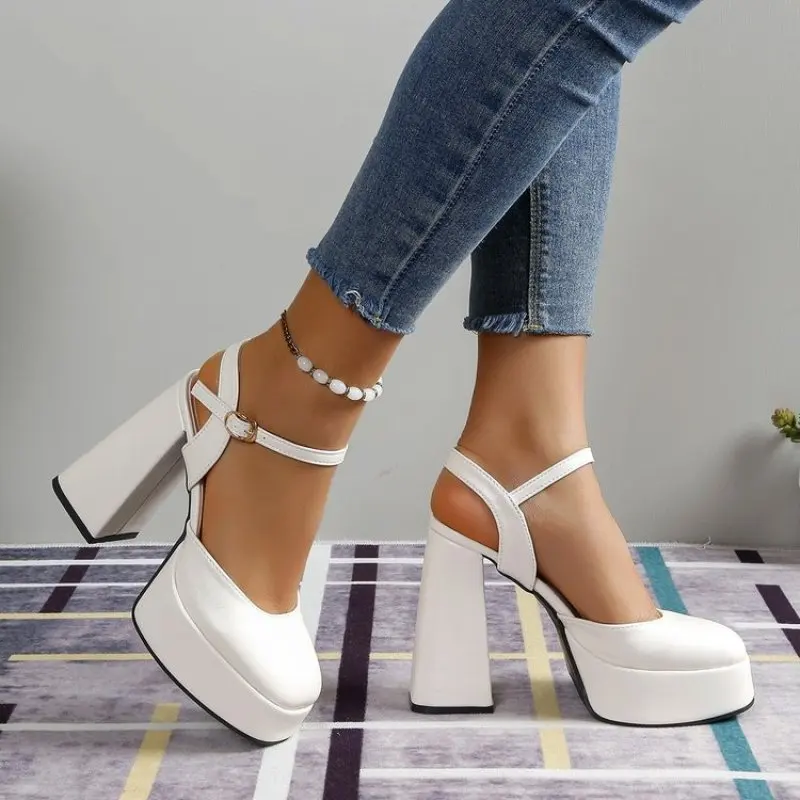 White Heels Shoes for Women Summer Fashion Square Head Buckle Mary Jane Shoes Outdoor Party Chunky Sandals Zapatos De Tacon New