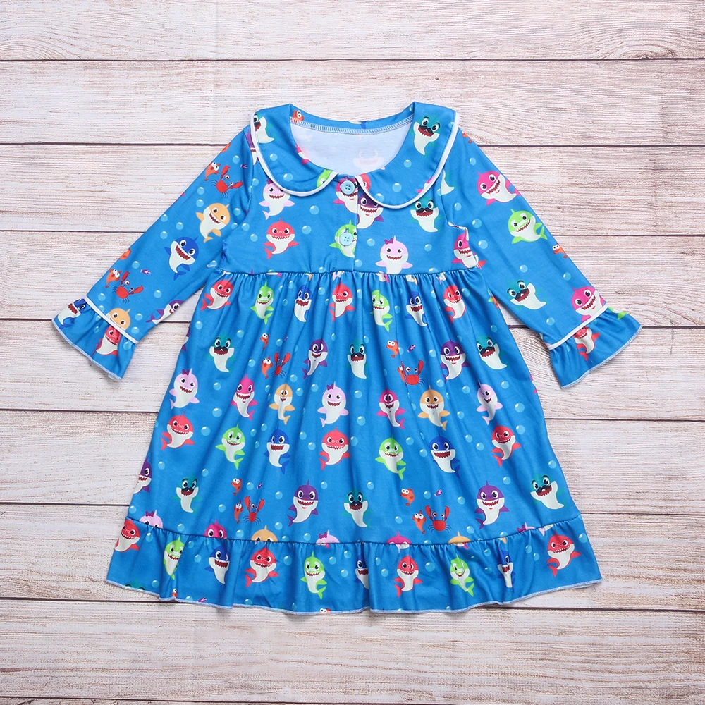 

Baby Girl Clothes Cotton Dress Summer New Style Cute Shark Bubble Crab Fish Pattern One-Piece Beautiful Sea Blue Dress For Girls