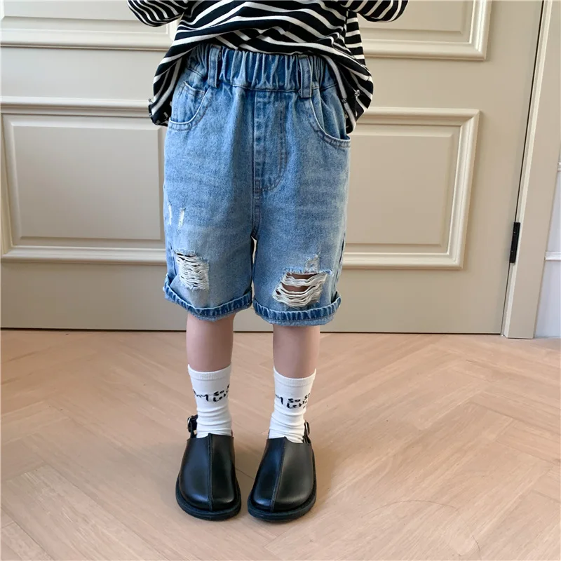 

Children Clothing Kids Pants 2023 Spring Summer New Fashionable Denim Pants Boys Girls Denim Casual Ripped Knee Length Pants