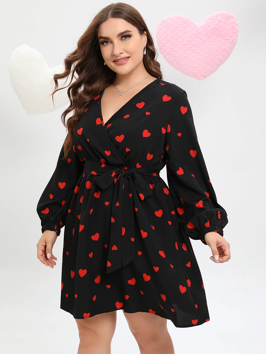 

Finjani Plus Size Dresses For Women 2023 Summer Allover Heart Print Belted Midi Dress Elegant Heart Pattern Dress