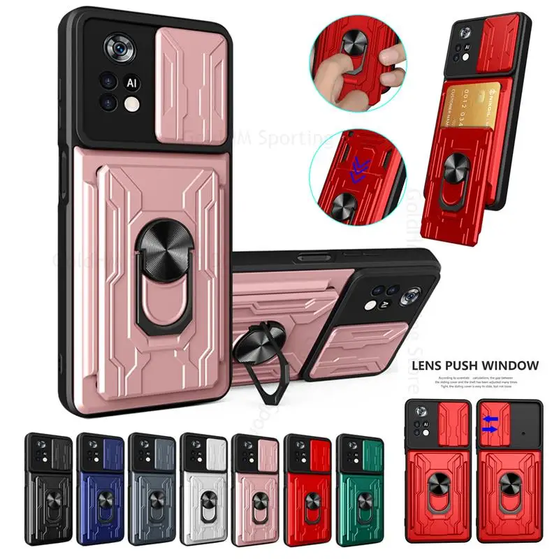 

For Xiaomi Poco X4 M4 Pro 5G Slide Lens Protective Card Slot Shockproof Case For POCO M3 M4 Pro X3 NFC Magnetic Ring Stand Cover