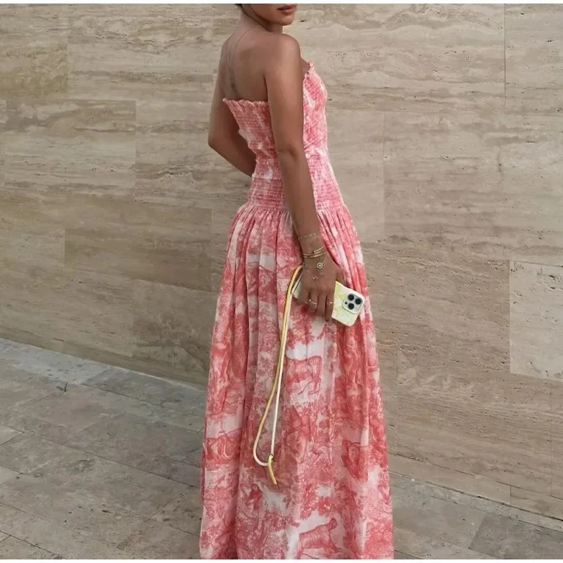 Летнее женское эластичное пляжное длинное платье без бретелек рукавов с высокой
