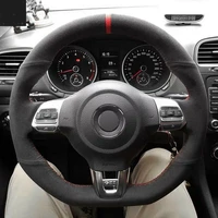 all black suede leather steering wheel red stitch on wrap cover fit for volkswagen golf 6 gti mk6 polo gti scirocco r