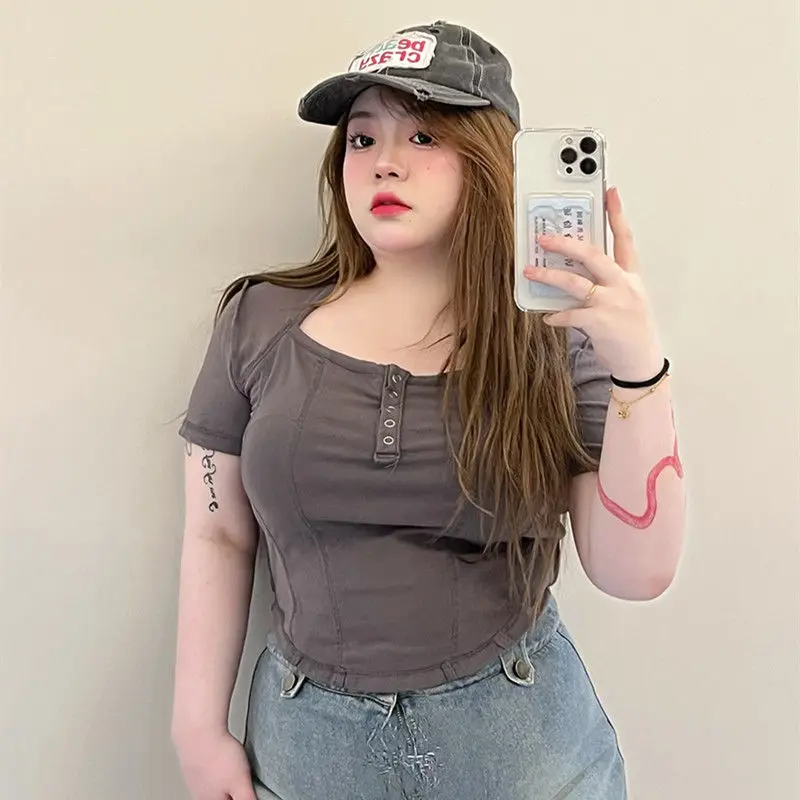 

2023 Summer Lady Sexy Appear Thin Elasticity Solid Color Top Women Youth Short Sleeve Slim Large Size Pure Desire Style T-shirt