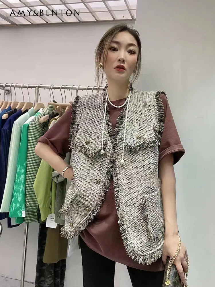 Weaving All-Matching Sleeveless Tank Top for Women Spring and Autumn New Style Tweed Cardigan Vest Top Ladies Vest Coats