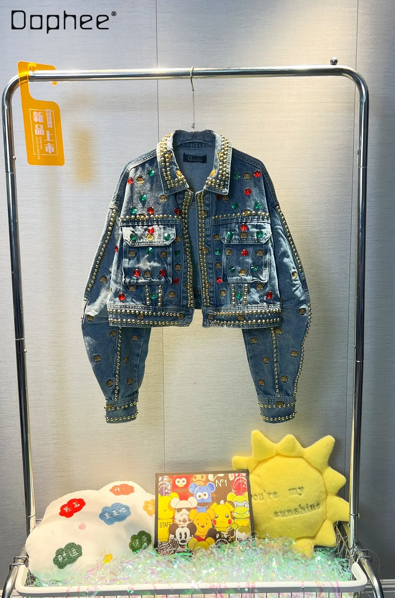 

Heavy Industry Rhinestone Beaded Cartoon Embroidered Long-Sleeved Coat for Women 2023 Spring New All-Matching Short Denim Jacket
