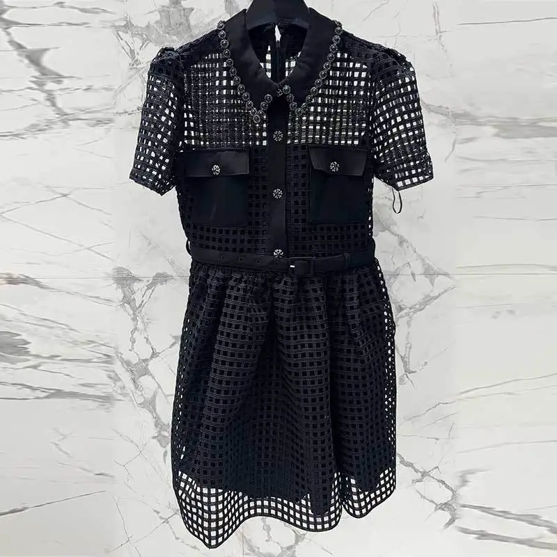 Женское облегающее платье с вырезами, черное однобортное платье во французском стиле с поясом и бусинами на лацканах, элегантная одежда для лета Женское облегающее платье с вырезами, черное однобортное платье во французском стиле с поясом и бусинами на лацканах, элегантная одежда для лета