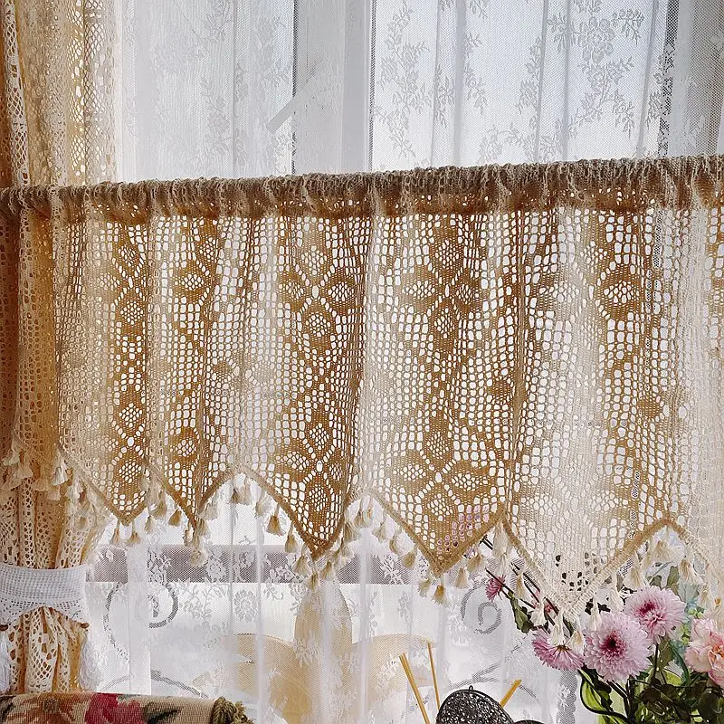 

Boho Retro Cotton Linen Crochet Curtains for Farmhouse Kitchen Cafe Hollow Knitting Hand Made Bay Gazebo Window Drapes