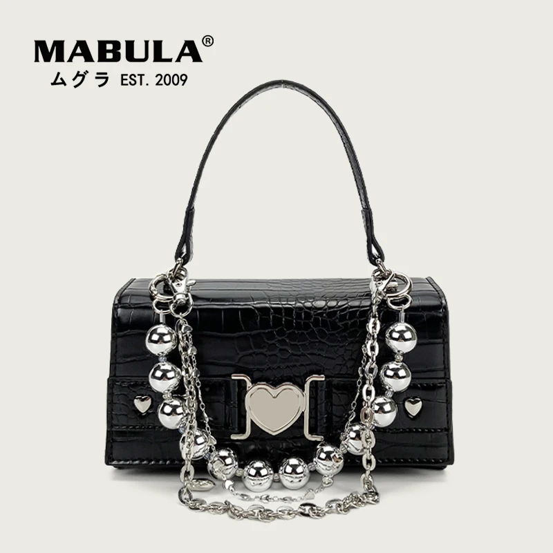 

MABULA Top Handle Handbags Crocodile Pattern Women Soft PU Leather Shoulder Bags With Chains Stylish Black Crossbody Bag