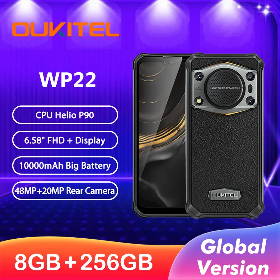 Прочный телефон OUKITEL WP22 с глобальной прошивкой, 8 ГБ, 256 ГБ, 10000  мАч, смартфон FHD + 6,58 дюйма, 48 МП, Helio P90, дБ, супер громкий динамик