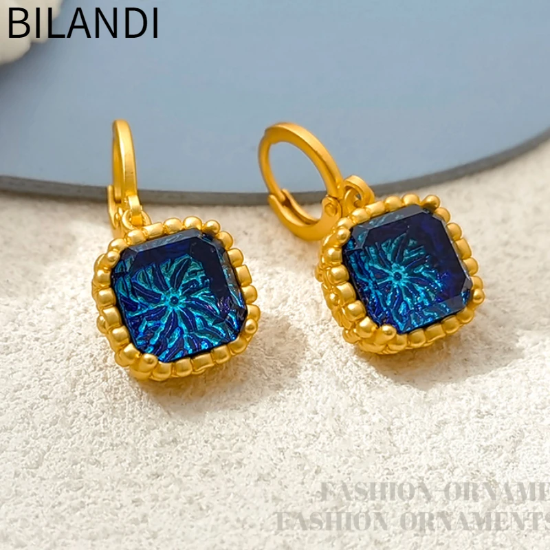 

Bilandi Fashion Jewelry New Shiny Blue Resin Earrings 2023 Trend New Popular Metallic Circle Square Drop Earrings For Women Gift