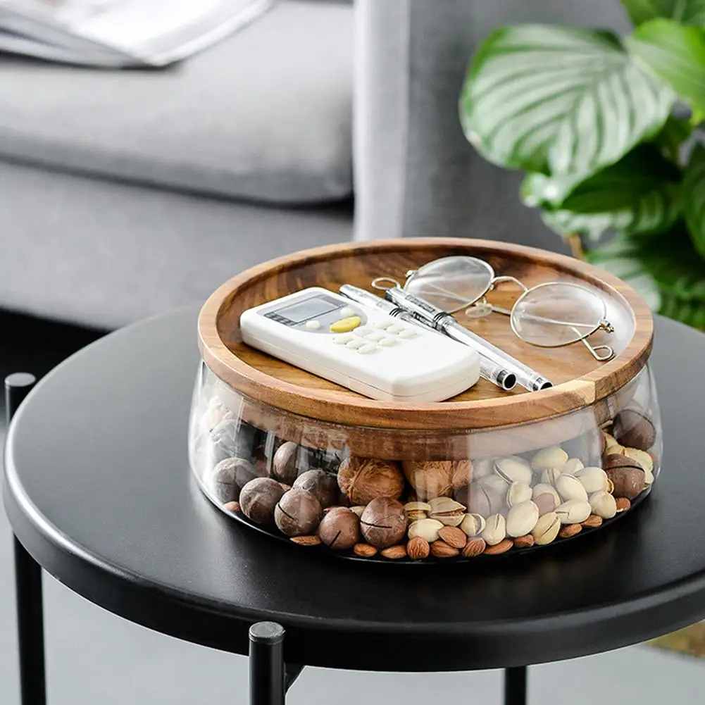 

Glass Bowl with Wood Plate Fruit Nut Dried Storage Box Container Candy Storage Box Fruit Tray With Wooden Lid For Home Kitchen