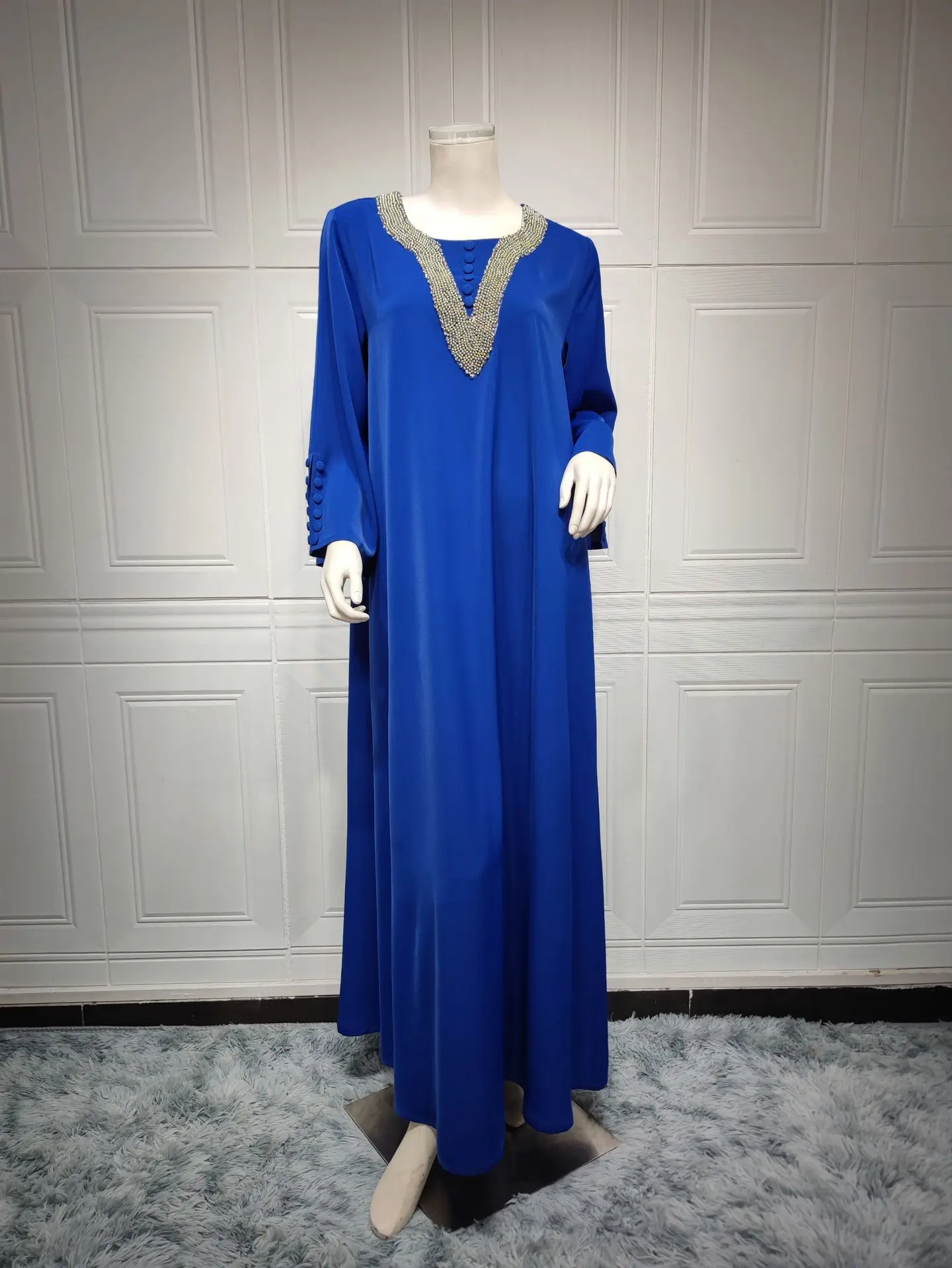 Morocco Party Dress for Women Fashion Diamonds Button Decoration Long Sleeve Party Prom Dress Ramadan Muslim Women Maxi Vestidos
