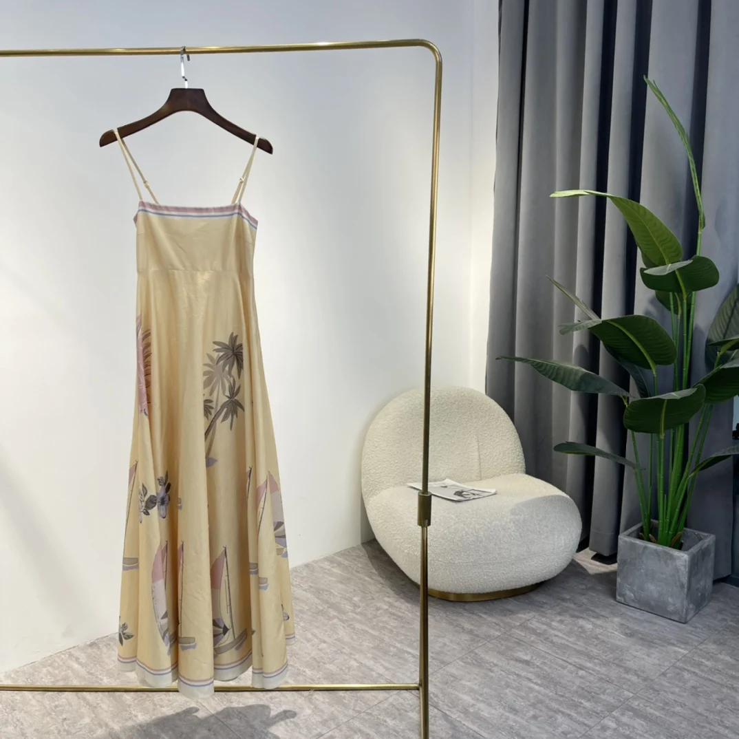 

New Arrival 2022 Spring Top Quality 100% Linen Sailboat Tree Sightseeing Printing Strapless Tank Yellow Ankle-Length Dress