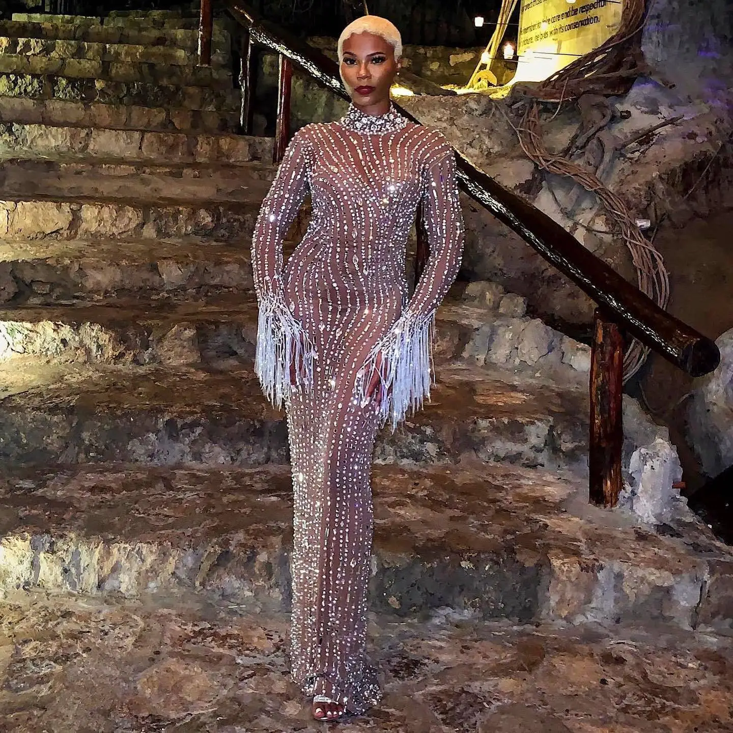 Sparkly Silver Big Rhinestone Transparent Long Dress Evening Birthday Celebrate Luxurious Costume Dancer Flashing Dress