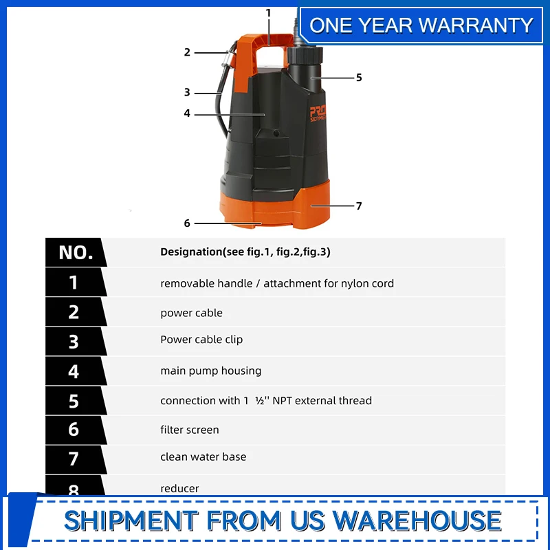 1HP 3430GPH Портативный бытовой погружной дренажный насос для бассейна и подвала
