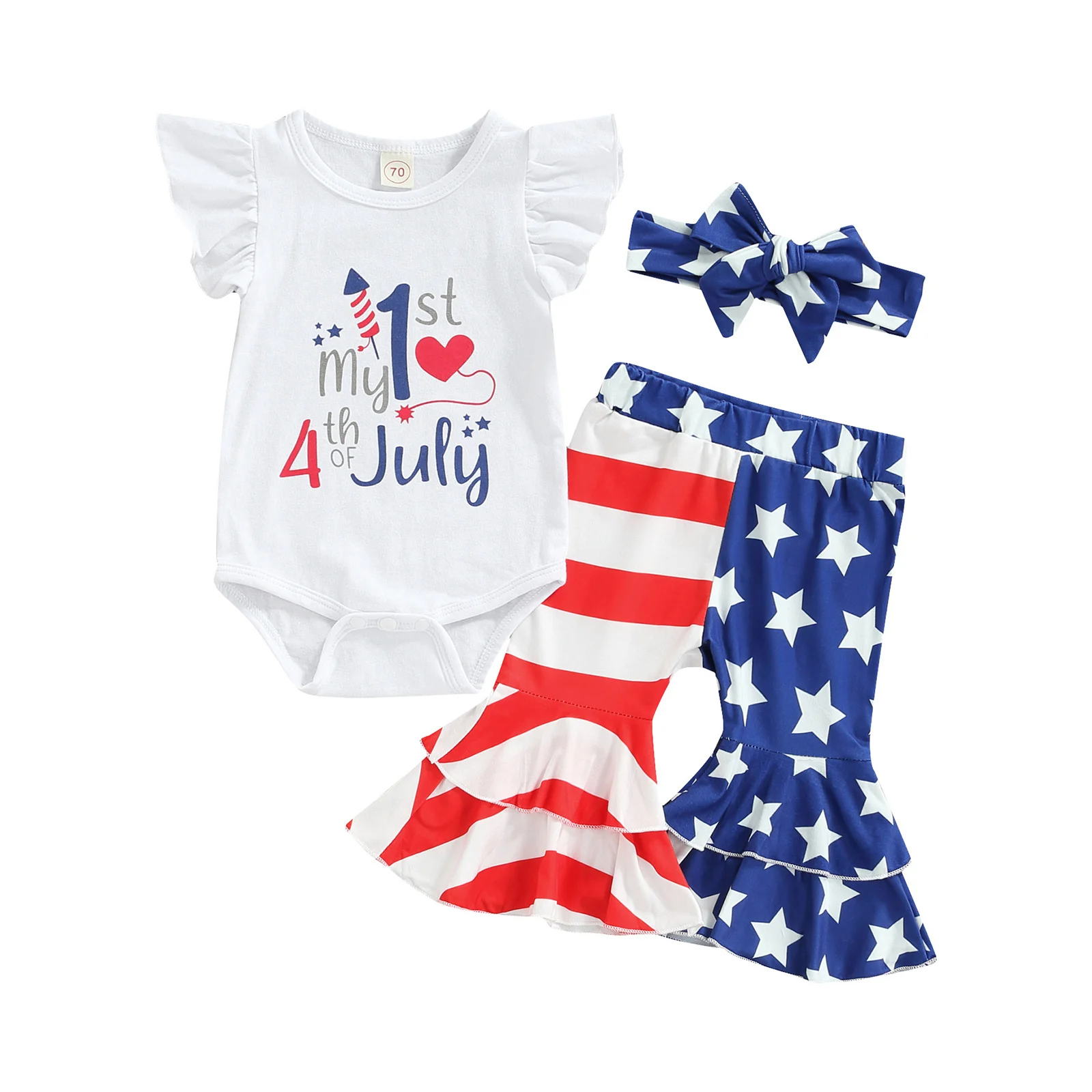 

Toddler Girl's Three-Piece Suit, Independence Day Letter Print Fly Sleeve Romper + Flared Pants + Headband