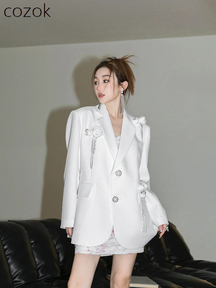 

Coats Autumn New Socialite Style French White 3D Flower Tassel Pearl Button White Blazers Fashion Loose Suit Jacket Women