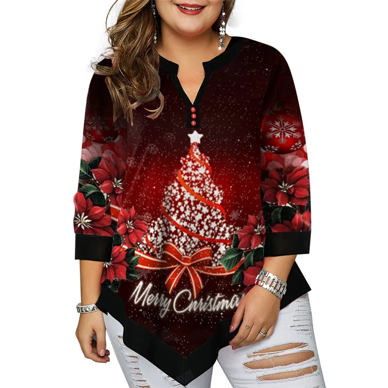 

2022 Autumn Winter Women Plus Size Christmas Tree Printed T Shirt Sexy V Neck Buttoned Irregular Hem Full Long Sleeve Tee Shirt
