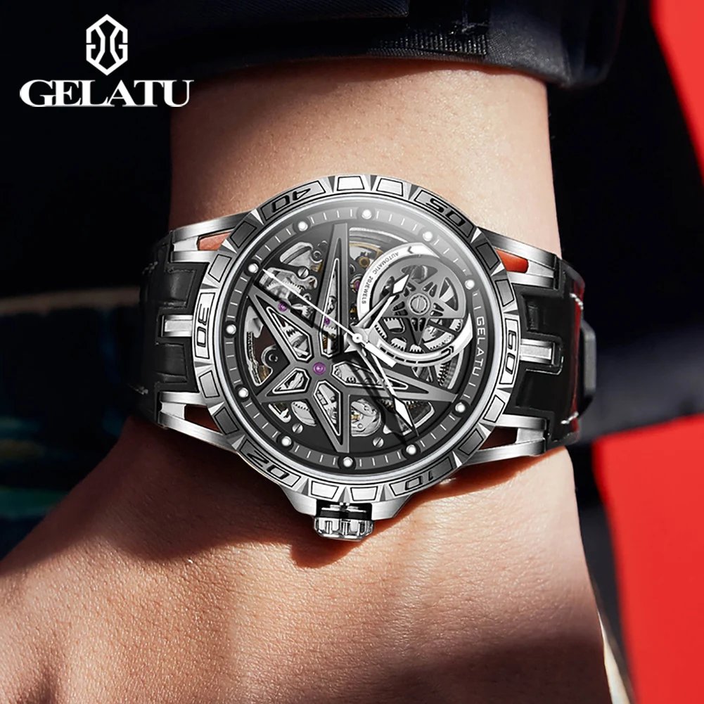Фото Мужские часы GELATU 6009 TOP Brand, скелетон, автоматический механический механизм, кожаный ремешок №4