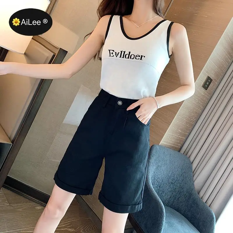 2021 Summer Black Women Casual Jeans Shorts Harajuku Elastic High Waist Half Long Denim Shorts Vintage Pockets Short Femme
