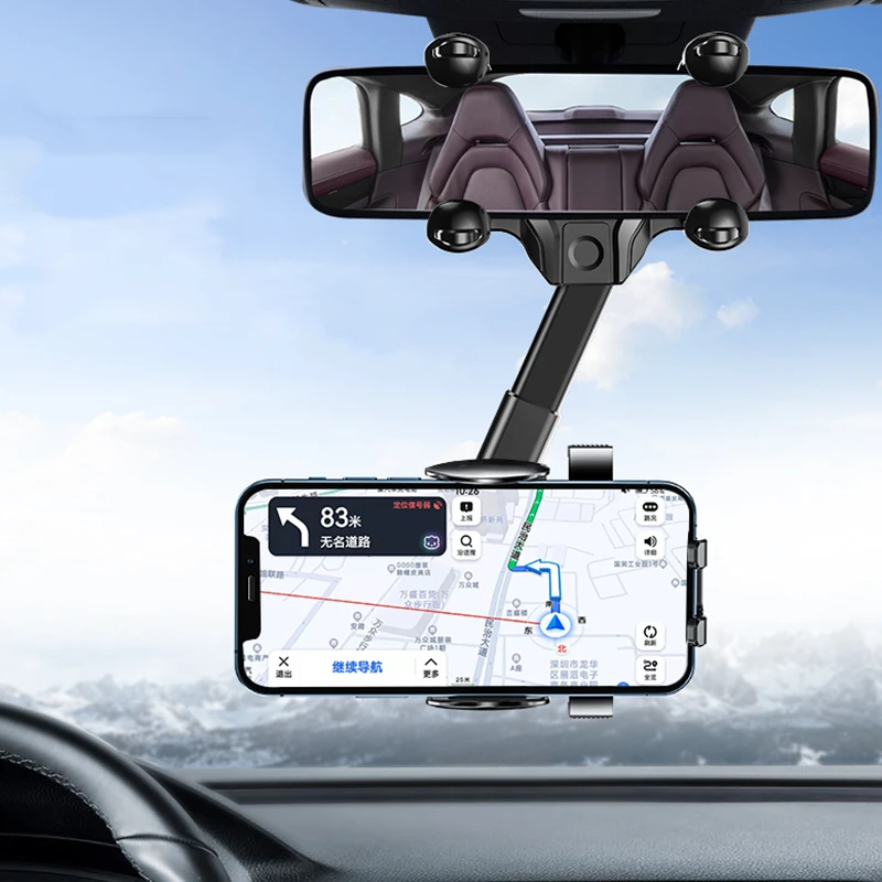 

Mobile Phone Holder Clip Rearview Mirror 360° Ratatable For Car Mount and GPS Holder Universal Adjustable Telescopic Phone Stand