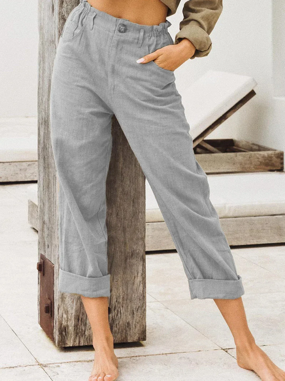 

2023 Autumn Cotton Linen Women's Long Pants Black Pockets Button Loose Pants Female New Casual Elegant Fashion Ladies Bottom